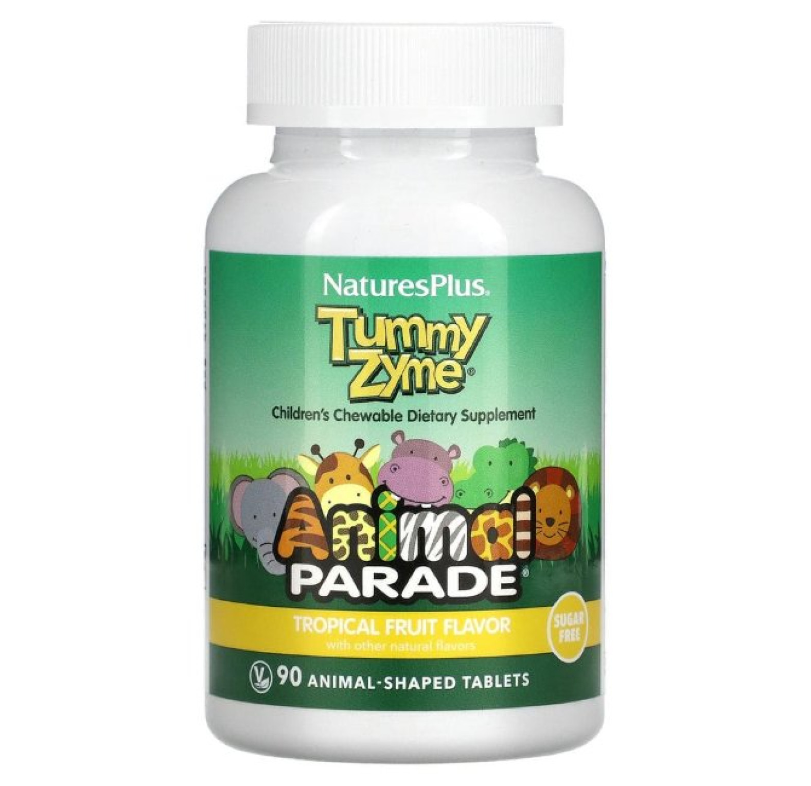 NaturesPlus, Source of Life, Animal Parade, Tummy Zyme с активными ферментами, цельными продуктами и пробиотиками, натуральный вкус тропических фруктов, 90 таблеток в форме животных