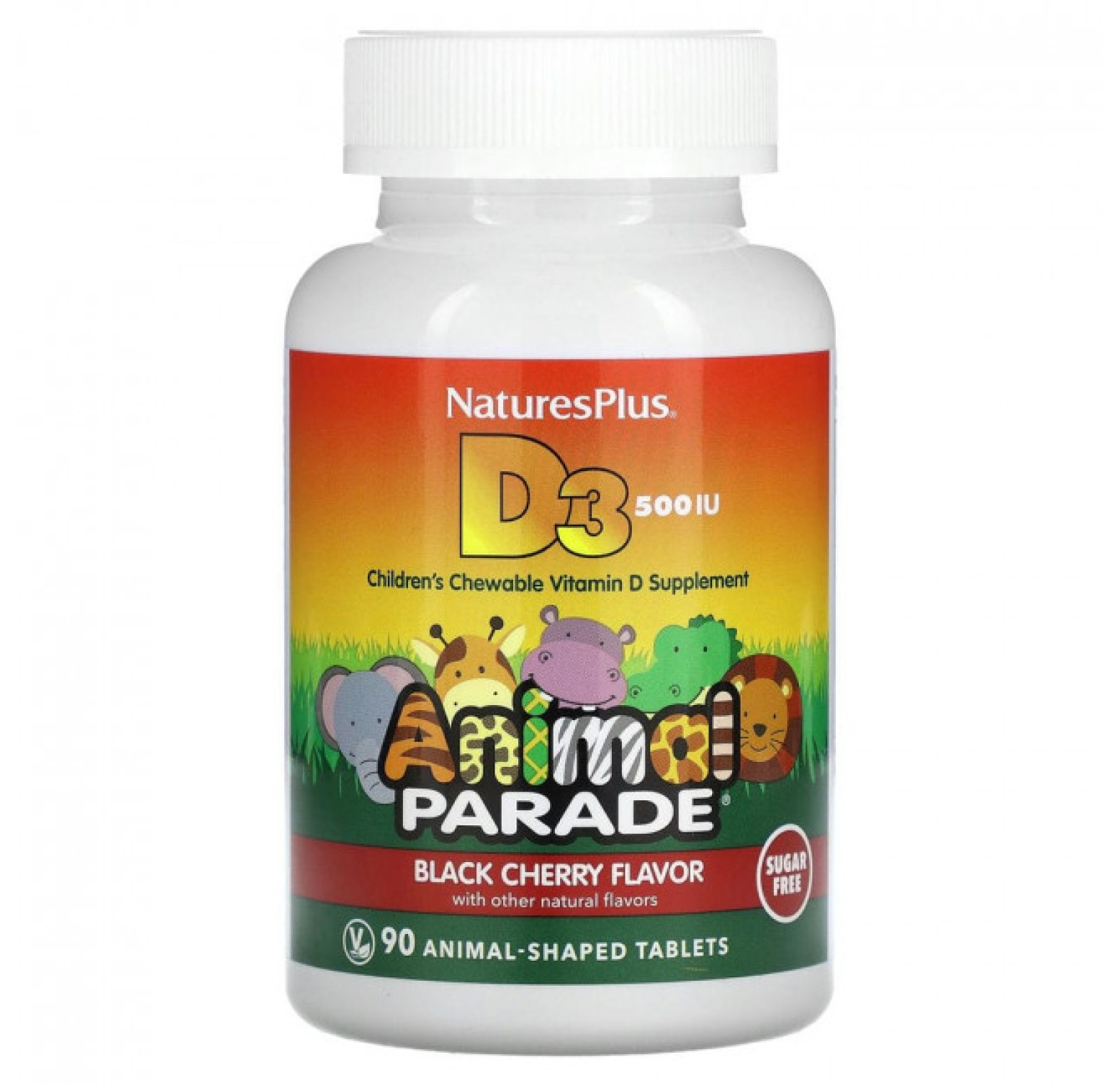 NaturesPlus, Source of Life, Animal Parade, витамин D3, без сахара, с натуральным вкусом черешни, 12,5 мкг (500 МЕ), 90 таблеток в форме животных