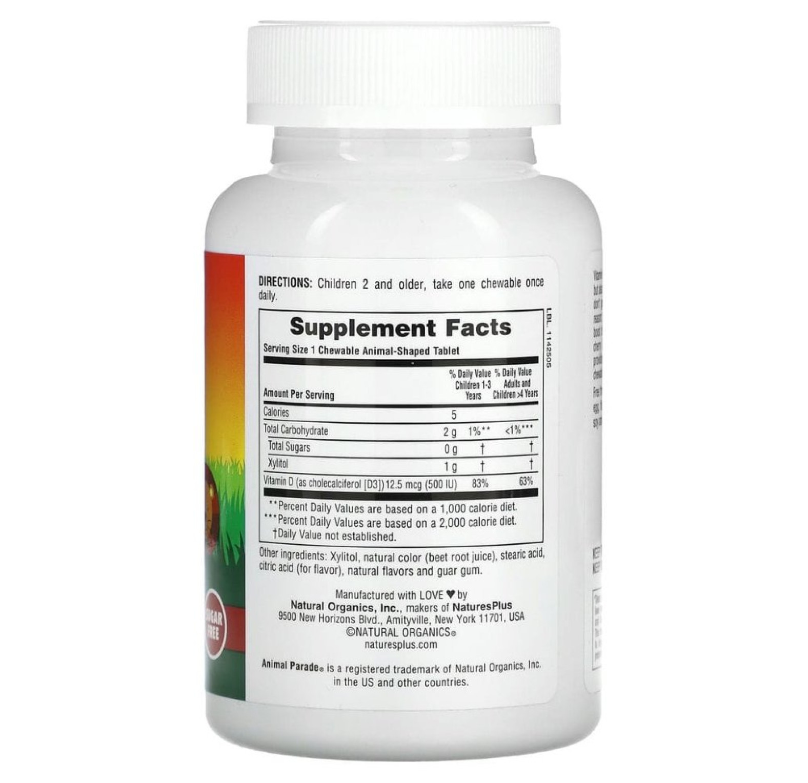 NaturesPlus, Source of Life, Animal Parade, витамин D3, без сахара, с натуральным вкусом черешни, 12,5 мкг (500 МЕ), 90 таблеток в форме животных