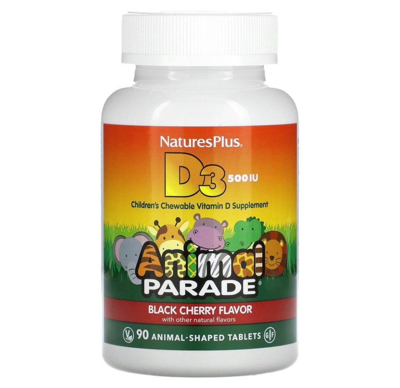 NaturesPlus, Source of Life, Animal Parade, витамин D3, со вкусом натуральной черешни, 500 МЕ, 90 таблеток в форме животных