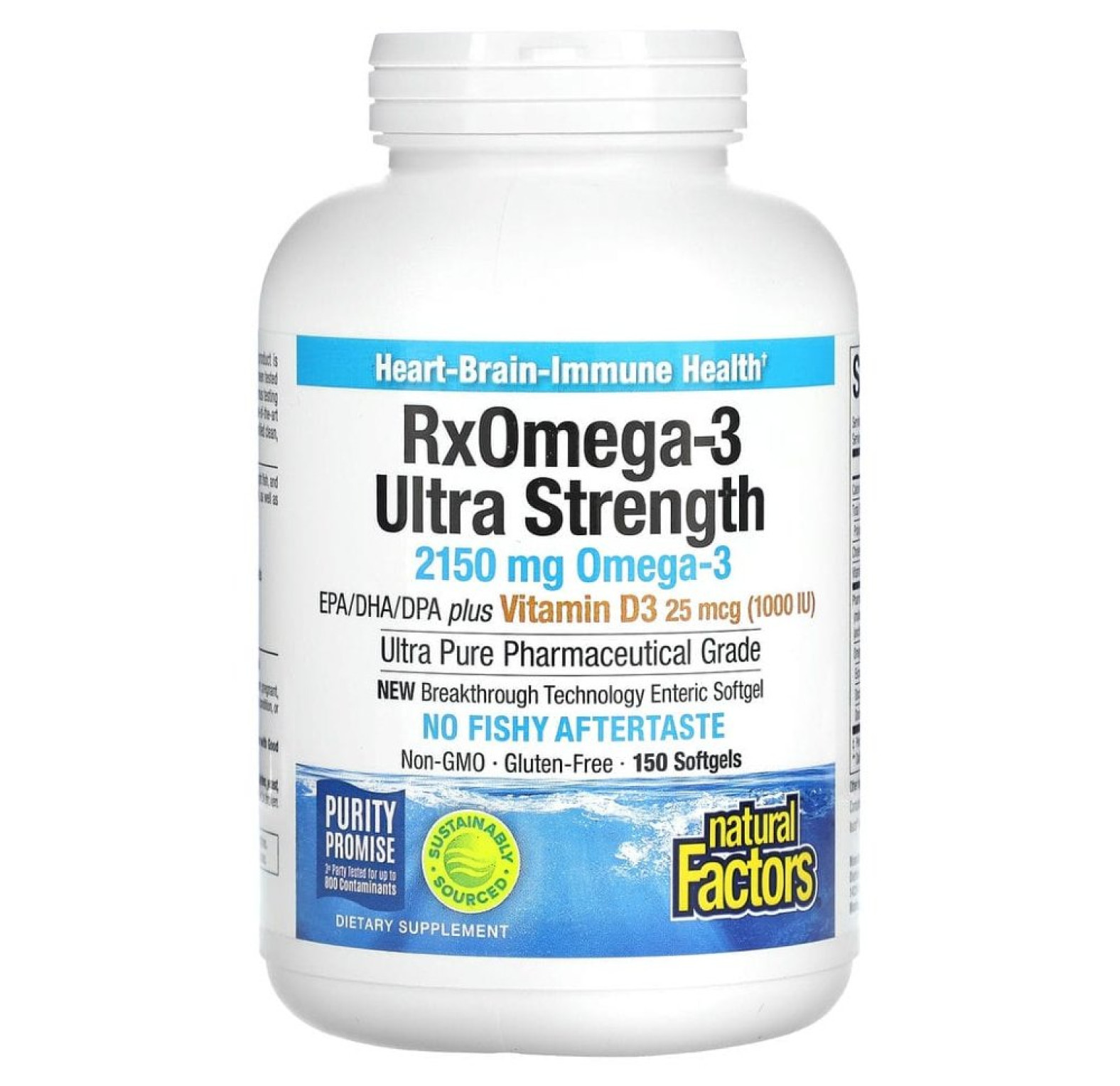 Natural Factors, Ultra Strength, RxOmega-3, с витамином D3, 900 мг ЭПК/ДГК (эйкозапентаеновая/докозагексаеновая кислота), 150 гелевых капсул Enteripure