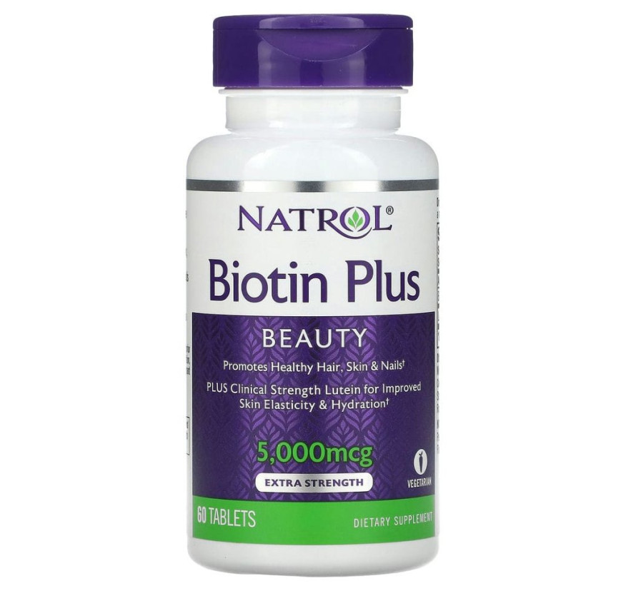 Natrol, Biotin Plus, повышенная эффективность, 5000 мкг, 60 таблеток