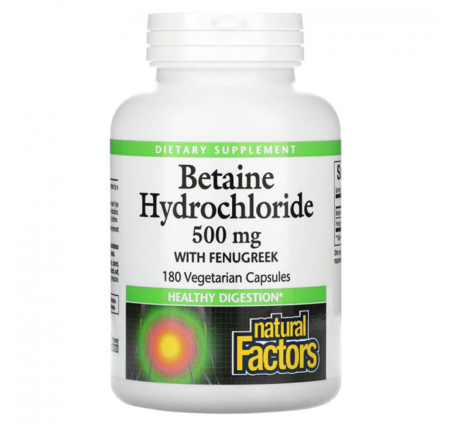 Natural Factors, бетаина гидрохлорид с пажитником, 500 мг, 180 вегетарианских капсул
