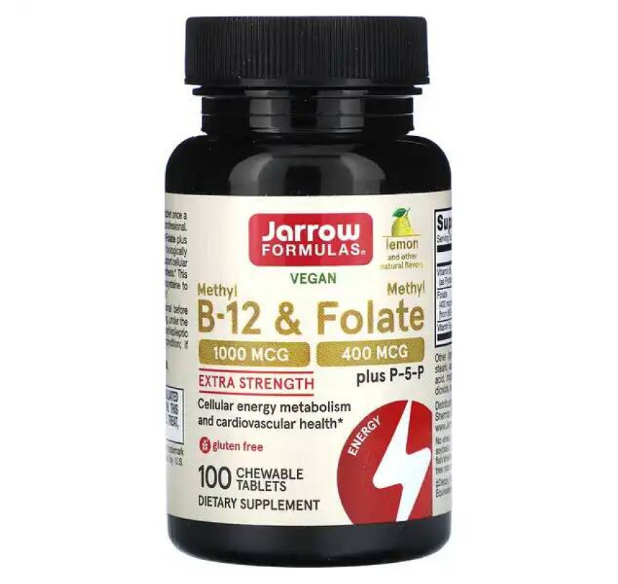 Jarrow Formulas, Метил B-12 и метилфолат, лимон, 100 жевательных таблеток