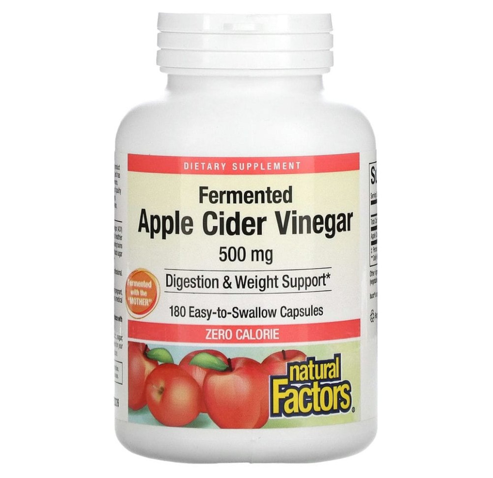 Natural Factors, ферментированный яблочный уксус, 500 мг, 180 капсул